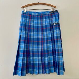 Vintage Hector Russell Blue Plaid Tartan Pleated Wool Kilt Skirt Scotland